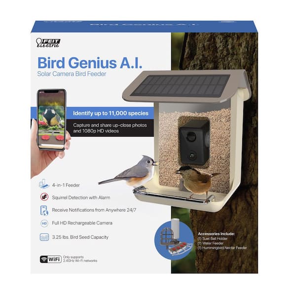 Feit Bird Genius A. I. Wild Bird 2.5 L Plastic Solar Camera Smart-Enabled Bird Seed Feeder 1 ports