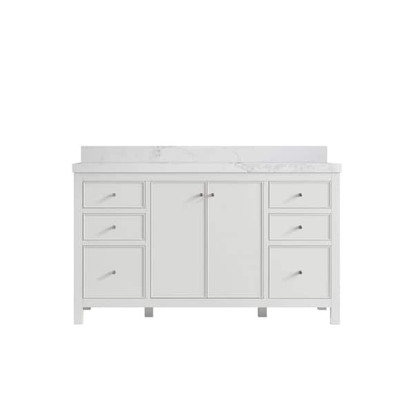 Willow Collections Chicago 60 in. Single Sink Freestanding White Bath Vanity with Calacatta Nuvo Qt. Top Unassembled