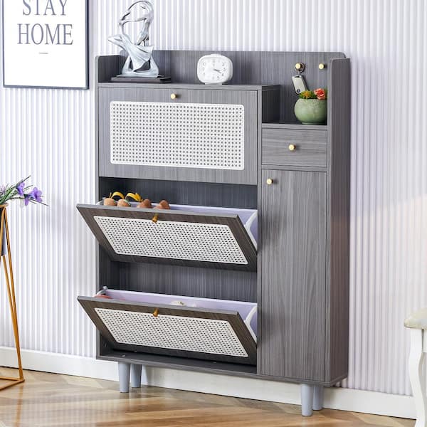 49.6 in. H x 37.40 in. W Japanese Rattan Gray MDF Shoe Storage Cabinet for Hallway and Living Room