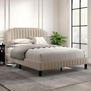 Beige Modern Wood Frame Queen Size Linen Curved Upholstered Platform Bed with Nailhead Trim Headboard and Footboard