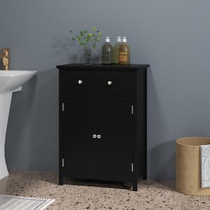 Black Bathroom Floor Cabinet Wooden Storage Organizer with Drawer and Doors