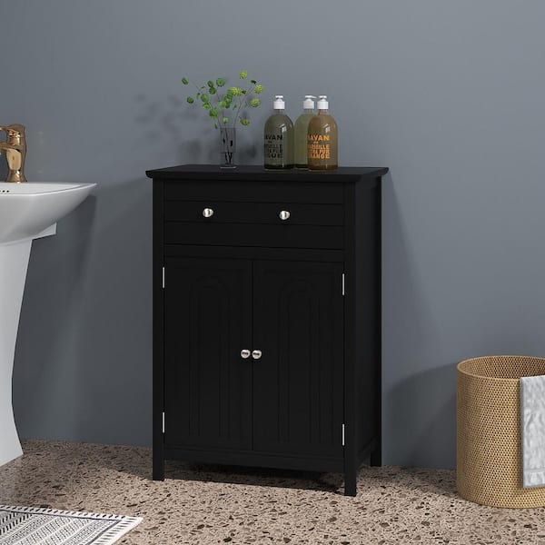 Black Bathroom Floor Cabinet Wooden Storage Organizer with Drawer and Doors