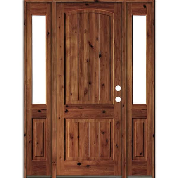 Krosswood Doors 58 in. x 96 in. Rustic Alder Arch Red Chestnut Stained Wood with V-Groove Left Hand Single Prehung Front Door