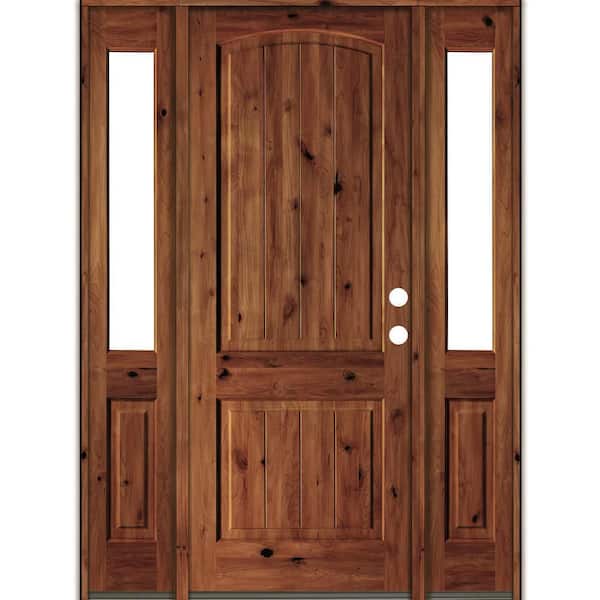 Krosswood Doors 70 in. x 96 in. Rustic Alder Arch Red Chestnut Stained Wood with V-Groove Left Hand Single Prehung Front Door