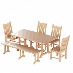 Hayes 6-Piece All Weather HDPE Plastic Rectangle Table Outdoor Patio Dining Set with Bench in Teak