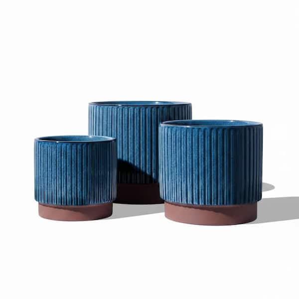 8+6.7+5.5 Inch Blue Ceramic Planters, Cylinder Pots with Drainage, Indoor Plant Pots Set of 3