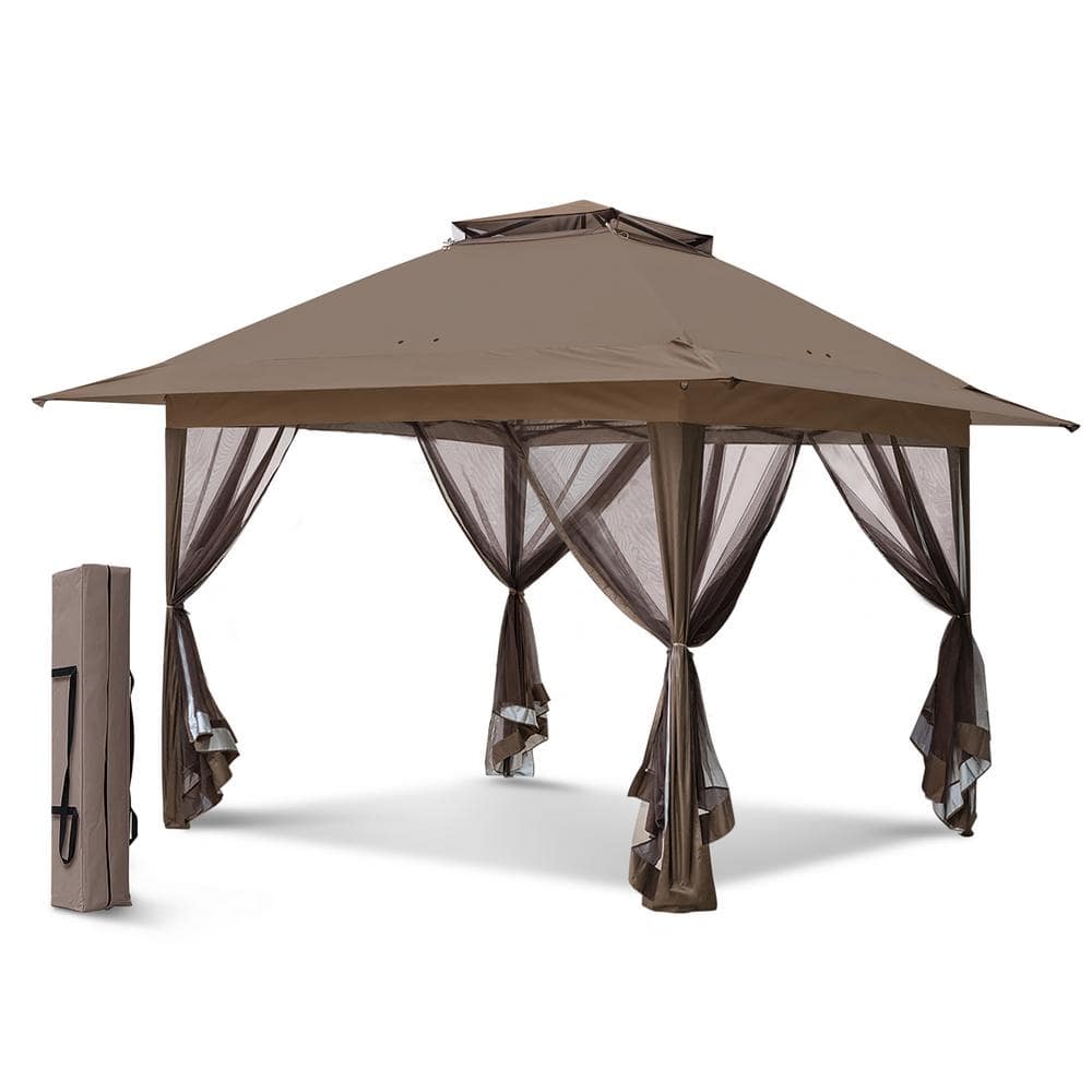 EAGLE PEAK 13 ft. x 13 ft. Pop-Up Gazebo Tent Instant with Mosquito Netting, Brown E169MN-BRN-AZ - The Home Depot