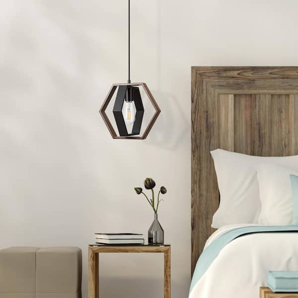 60-Watt 1-Light Metal Hanging Pipes Pendant Light with Bronze Wooden Grain Shade, No Bulbs Included
