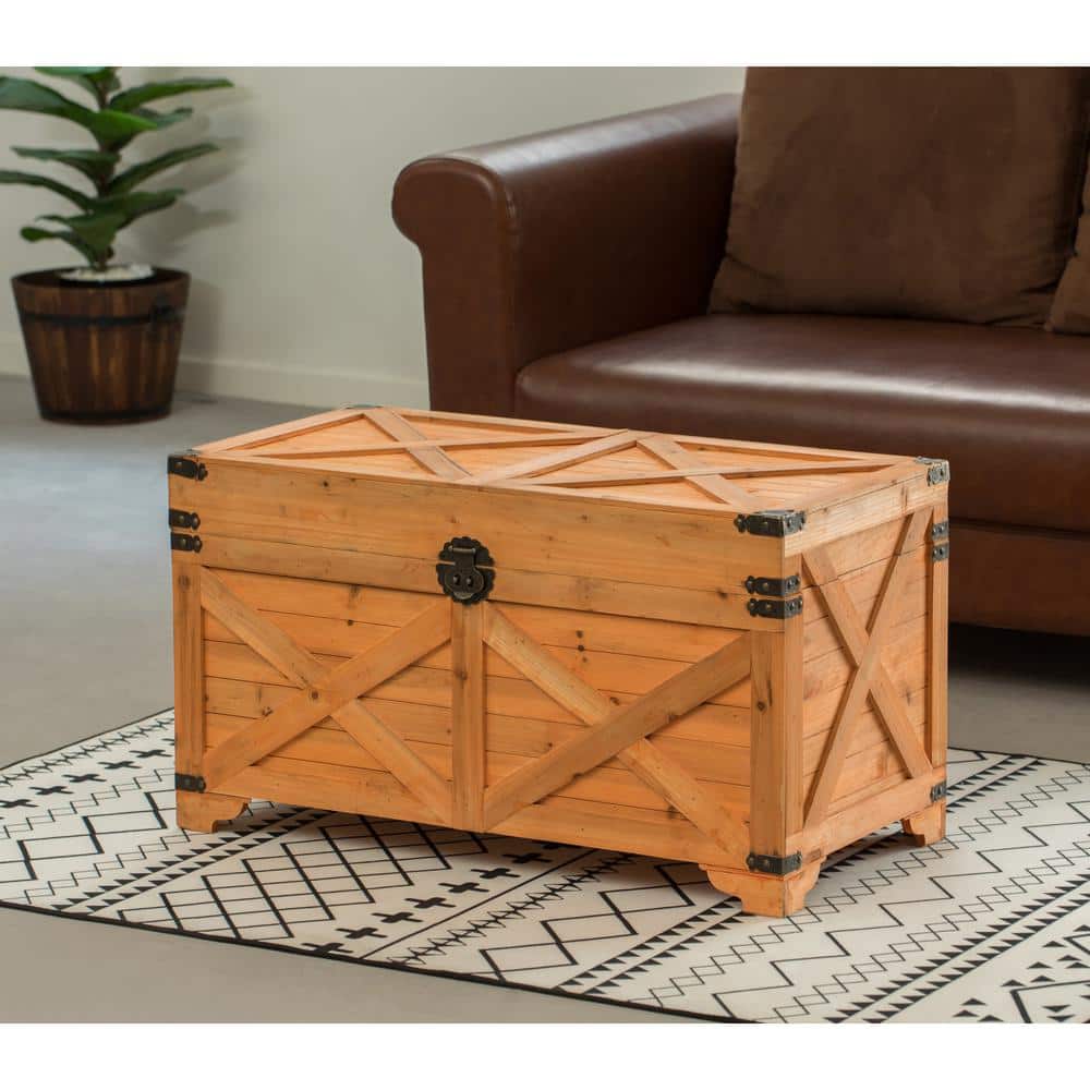 Large Natural Wood Farmhouse Storage Trunk Chest with Hinged Lid