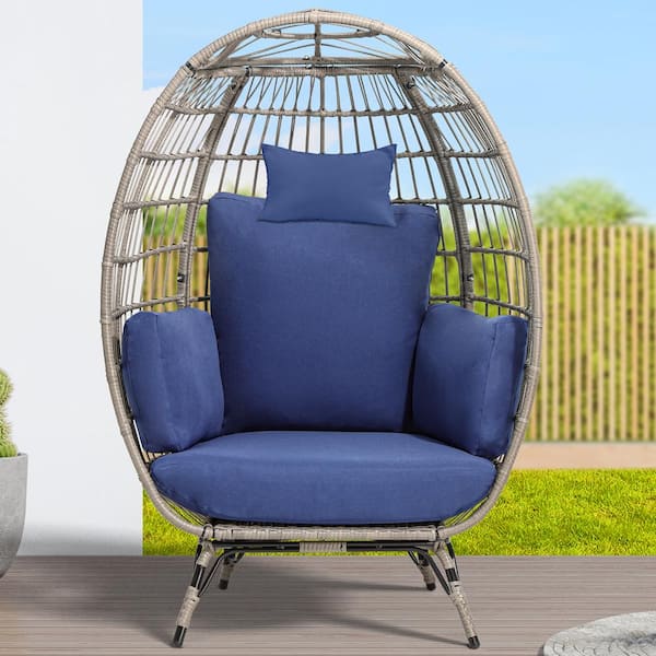 DEXTRUS Wicker Chair Outdoor Egg Lounge Chair Navy Blue Egg Chair with Cushion PE Rattan Chair for Patio, Garden, Backyard
