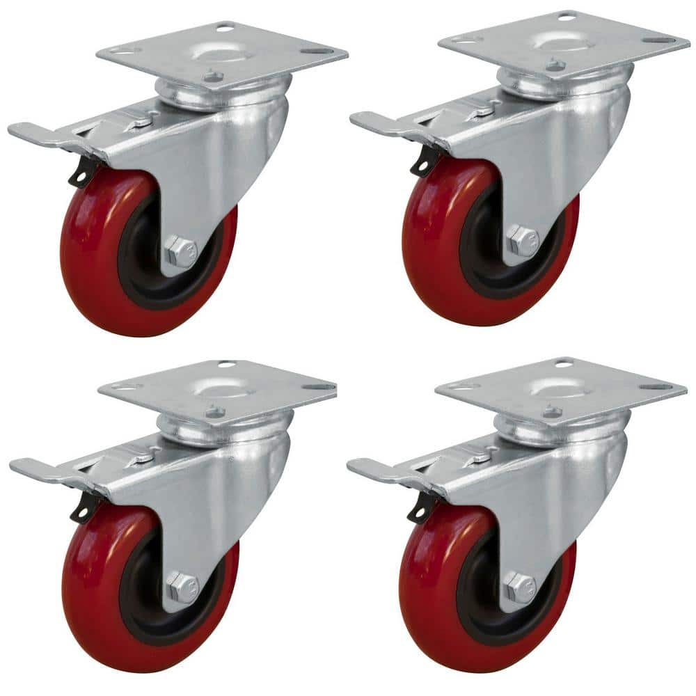 5" with Brake 24 Pack Caster Swivel Plate w/ Brake On Red Polyurethane Wheels 