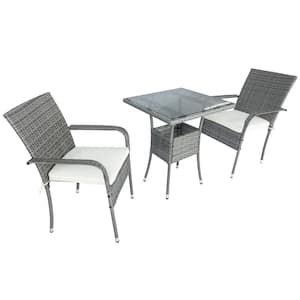 Simplistic 3-Piece Wicker Patio Conversation Set with Beige Cushions and Glass Top Coffee Table for Poolside