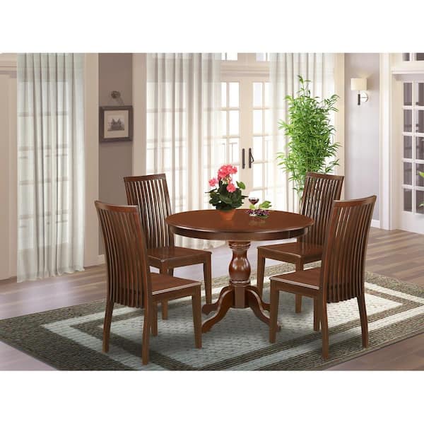 East West Furniture 5-Piece Mahogany Finish Solid Wood Top Dining table with 4 Chairs with Slat Back