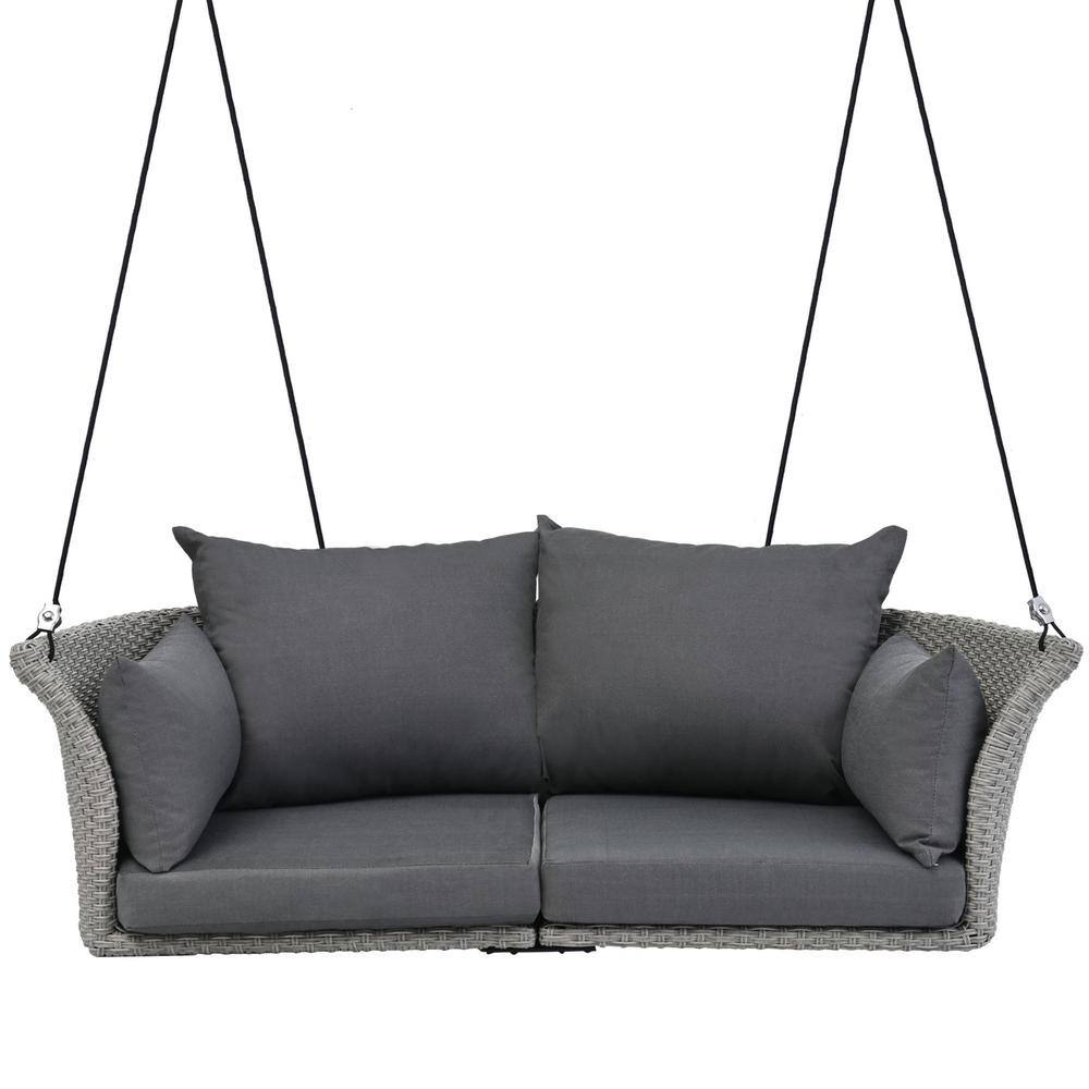 2 Person Gray 44 in.W Wicker Hanging Porch Swing Patio Swing Chair With Rop