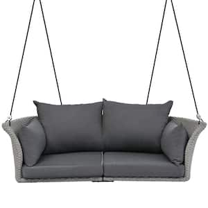 2 Person Gray 44 in.W Wicker Hanging Porch Swing Patio Swing Chair With Ropes and Cushion for Garden Balcony Living Room