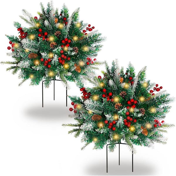2 Pack Lighted Artificial Christmas Pine Trees with Tripod Stake and  60 LED Lights for Garden Decoration