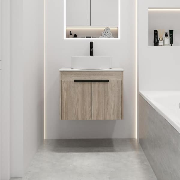 Staykiwi 24 in. W x 19 in. D x 23 in. H Floating Bath Vanity in White Oak with White Engineered Stone Composite Top and Sink
