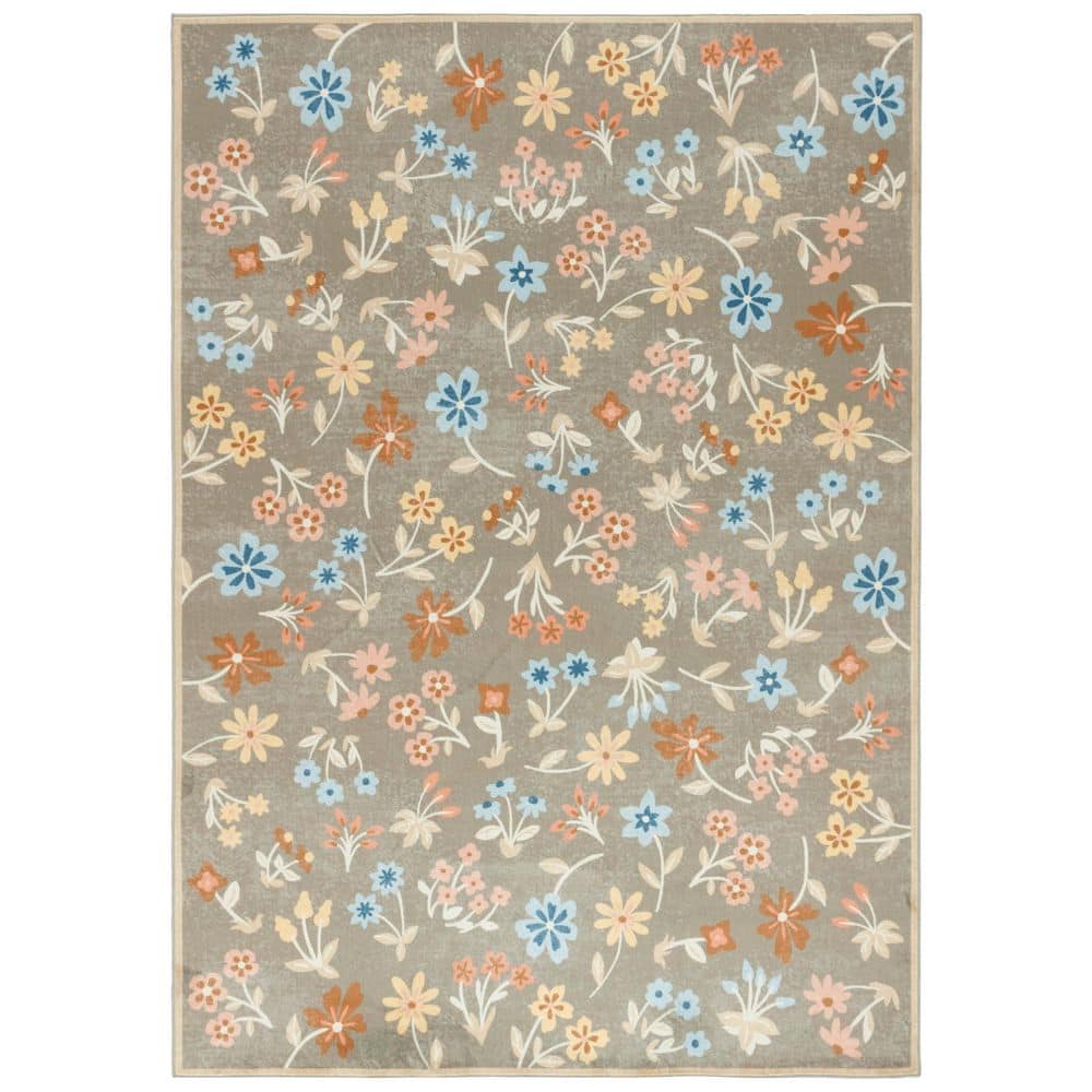 Martha Stewart Washable Dark Beige/Light Blue 5 ft. x 8 ft. Machine Washable Floral Area Rug price history on PriceWatchPro