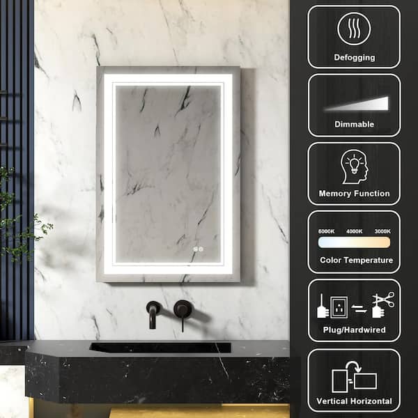 RUNA 24 in. W x 36 in. H Rectangular Frameless Anti-Fog Wall Bathroom Vanity Mirror in Aluminum with Light Makeup Mirror