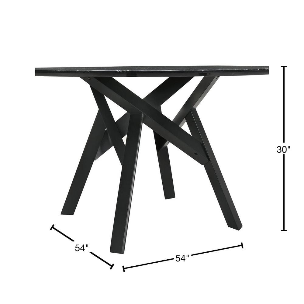 Mid-Century Modern 54" Black Marble & Wood Round Dining Table