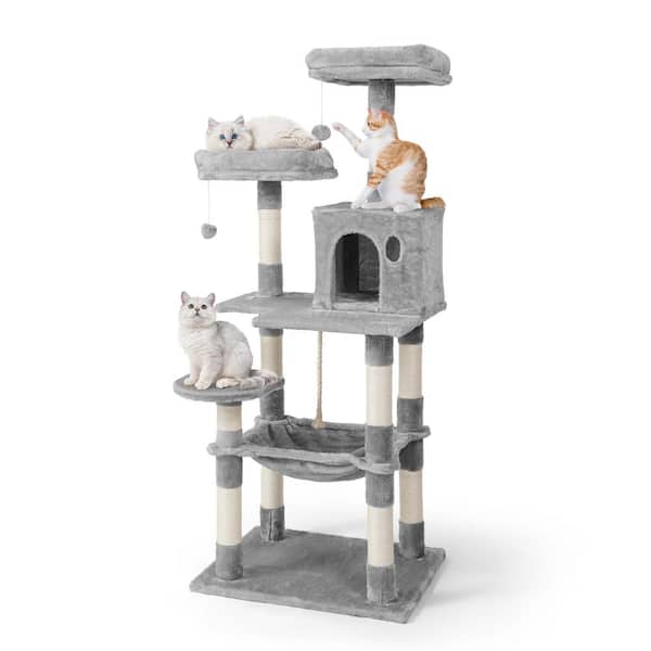 58 in. Light Grey Cat Tower for Indoor Cats, Multi-Level Cat Activity Tree with Scratching Posts, Basket, Cave Condo