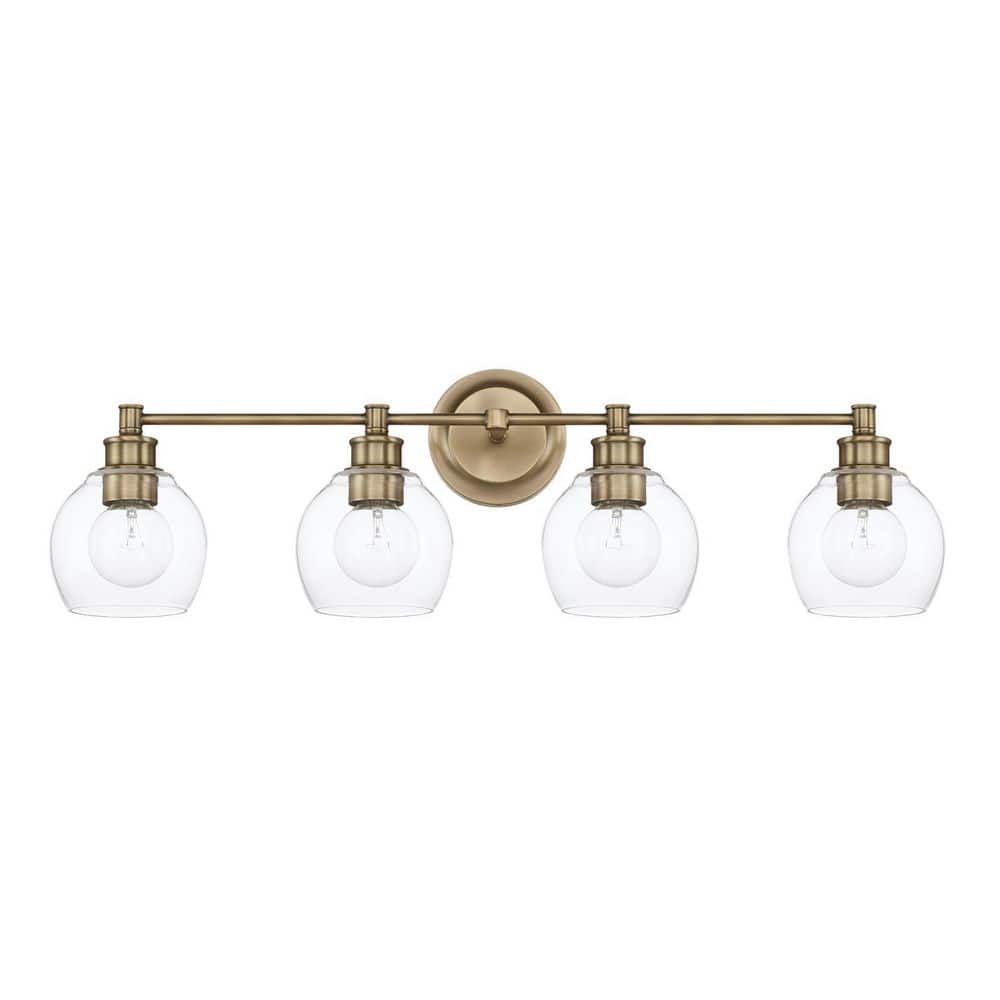 Mid Century 32 in. W x 10 in. H x 7 in. E 4-Light Aged Brass Vanity Light with Clear Glass price history on PriceWatchPro