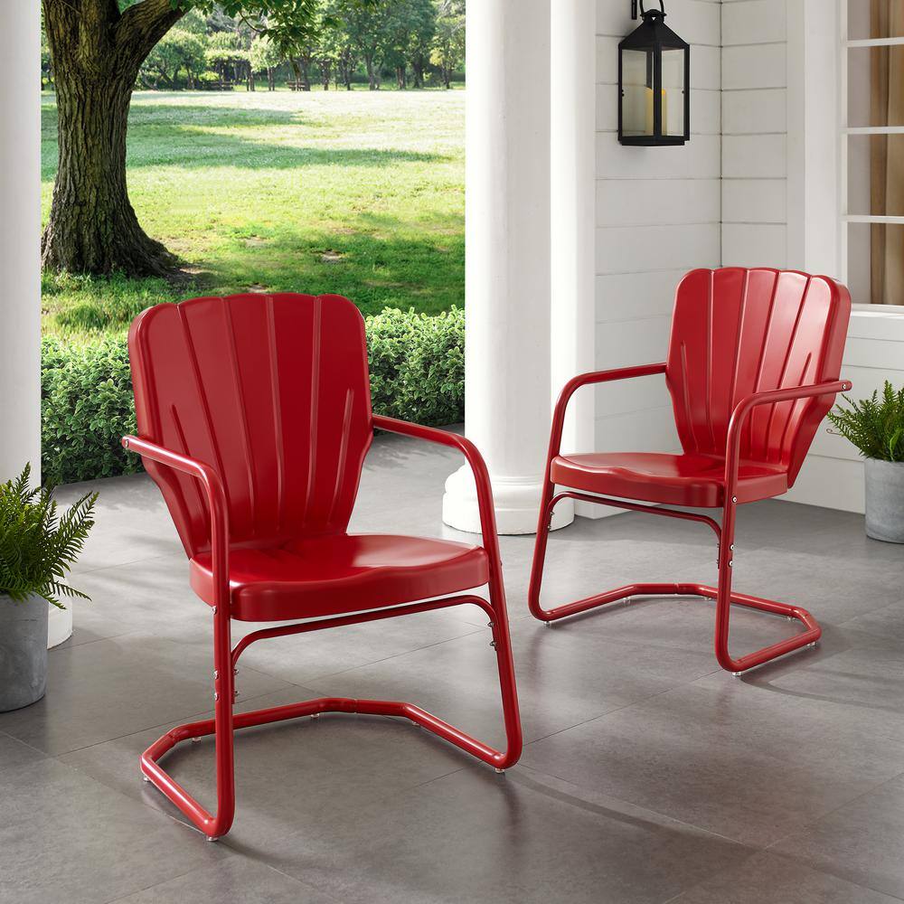 Retro Bright Red Gloss Metal Outdoor Chair Set of 2