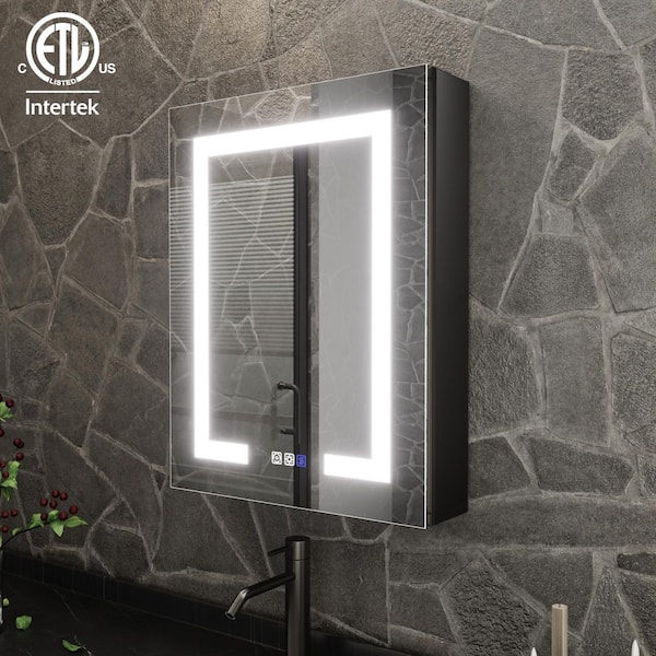 ShineX 20 in. W x 30 in. H Rectangular Black Aluminum Recessed/Surface Mount Left Medicine Cabinet with Mirror LED