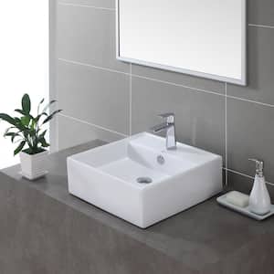 Square Ceramic Vessel Bathroom Sink with Overflow in White and Pop Up Drain in Chrome