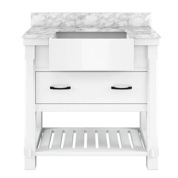VANITYFUS Solid Wood 36 in. W x 21 in. D x 39.3 in. H Single Sink Bath Vanity in White with Carrara White Natural Marble Top