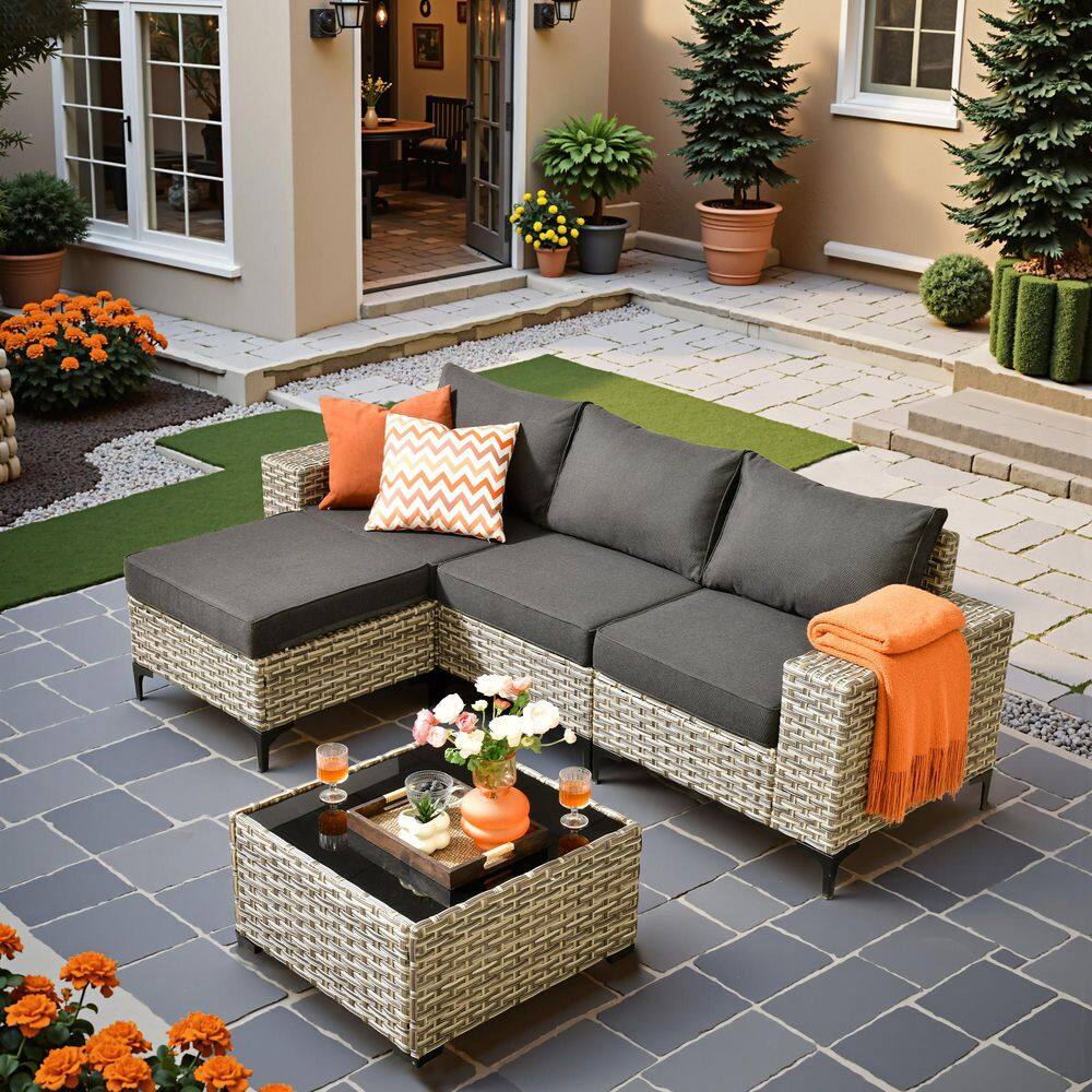 5-Piece Gray Wicker Outdoor Sectional Set Patio Conversation Seating Sofa Set with Black Cushion for Backyard price history on PriceWatchPro
