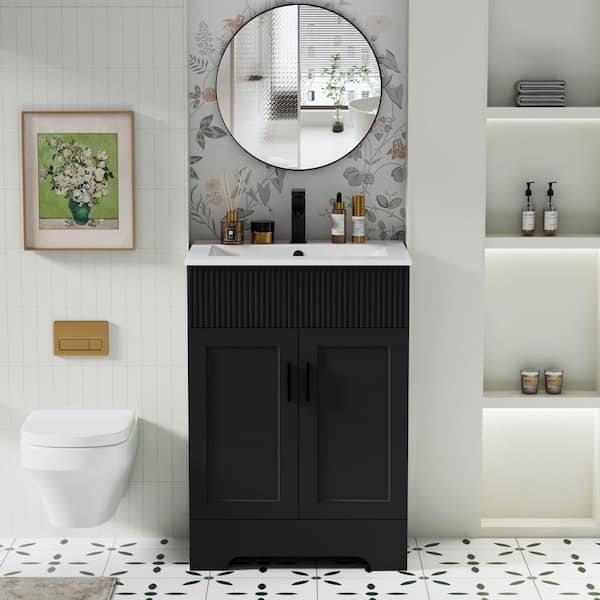 24 in. W. x 19 in. D x 33.7 in. H Single Sink Freestanding Bath Vanity Black with White Ceramic Top and Drain Faucet Set