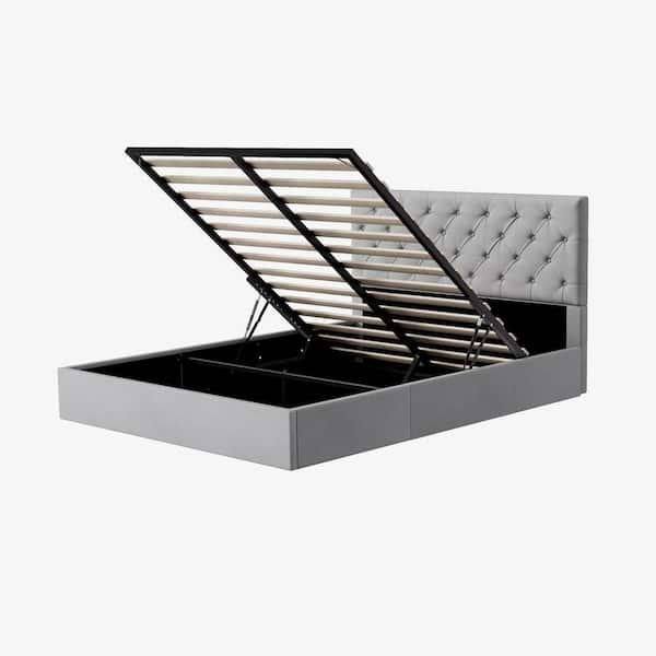 Greige Grey Frame Queen Size Upholstered Platform Bed with Lift-up Storage Supported by Metal and Wooden Slats