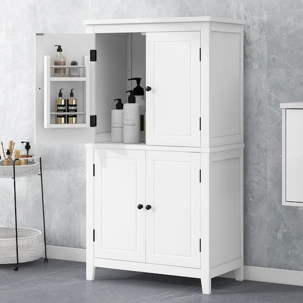 Ellery White Wood 43.3 in. Elegant Bathroom Floor Storage Cabinet with 4 Doors and Adjustable Shelves