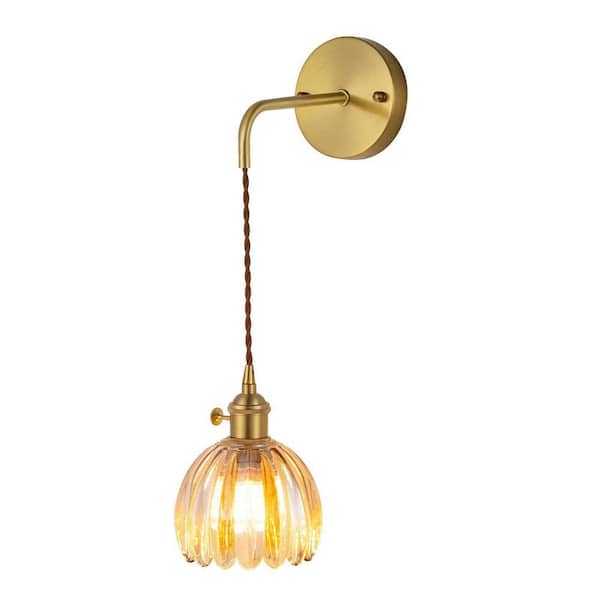 4.72 in. 1 Light Gold Modern Flower-Shaped Wall Sconce with Tawny Glass Shade, No Bulbs Included