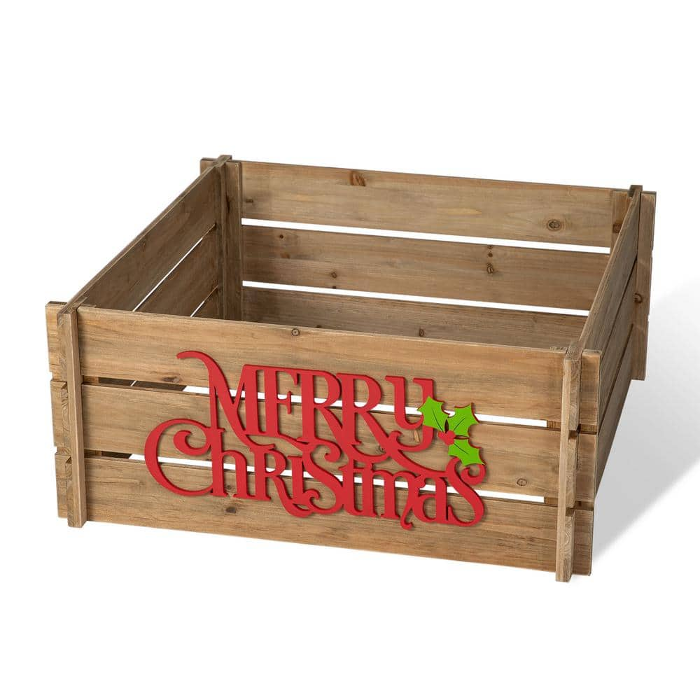 Glitzhome 27 in. L Natural Wooden "MERRY CHRISTMAS" Solid Wood Crate Tree Collar