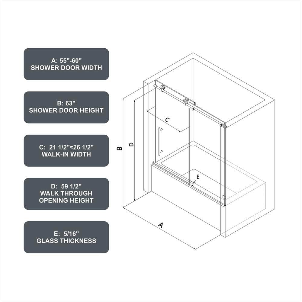 Matte Black Frameless Sliding Shower Door with Clear Tempered Glass