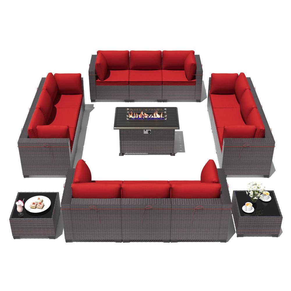 15 Pieces Wicker Patio Conversation Set with Glass Coffee Table, Fire Pit Table and Red Cushions