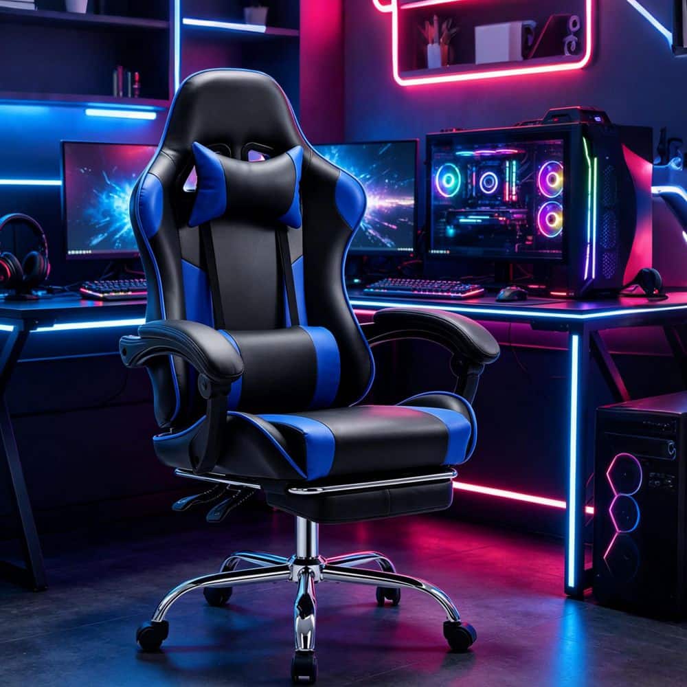 Leather Pocket Spring Reclining Ergonomic Office Gaming Chair in Black and Blue with Adjustable Arms