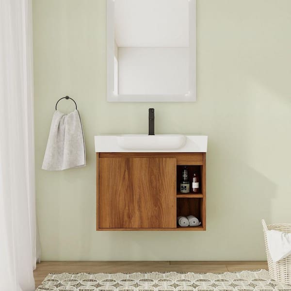 28 in. Wall-Mounted Single Brown Ebony Bath Vanity with White Ceramic Vanity Top Unassembled