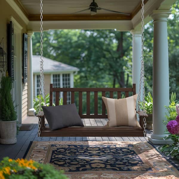 VEIKOUS 4 ft. Wood Patio Porch Swing Outdoor With Chains and Curved Bench, Carbonized