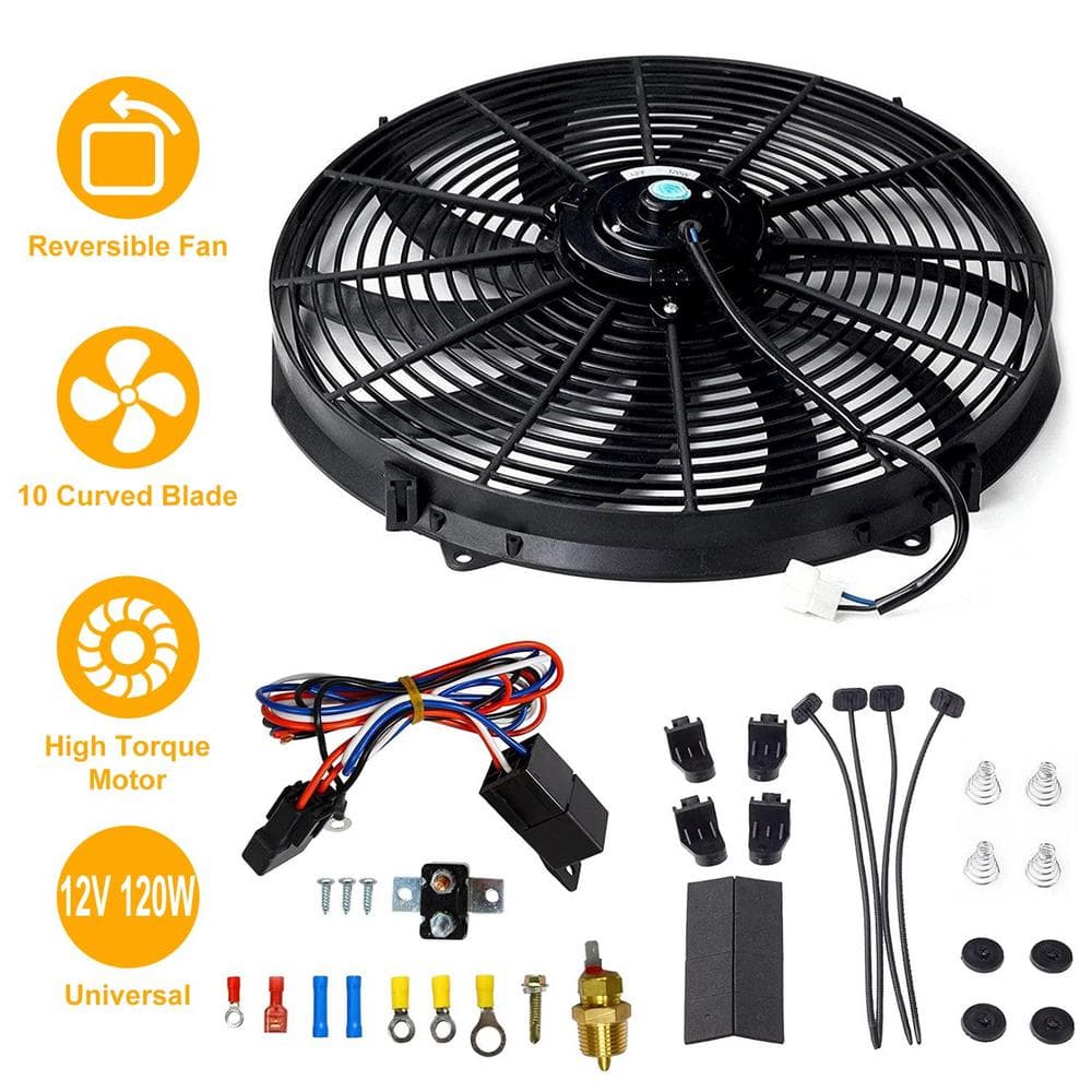 16 in. Universal Slim Fan in Black 10 Blades Car Thermostat Kit with Mounti
