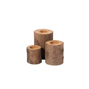 3.75 in. H Bark Wooden Pillar Tree Stump Tea Light Rustic Candle Holder (Set of 3)