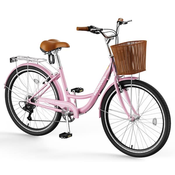 BOZTIY Beach Cruiser Bike for Adult 2 Wheel 26 in. 7 Speed Commute Bike Cruiser Bike with Basket and Rack Pink SOZXC CSLL 26PKHD01 The Home Depot