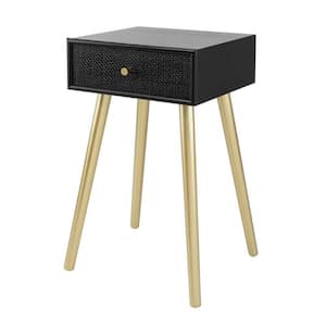 15.5 in. Black and Gold Rectangle Wood End Table with 1-Drawer