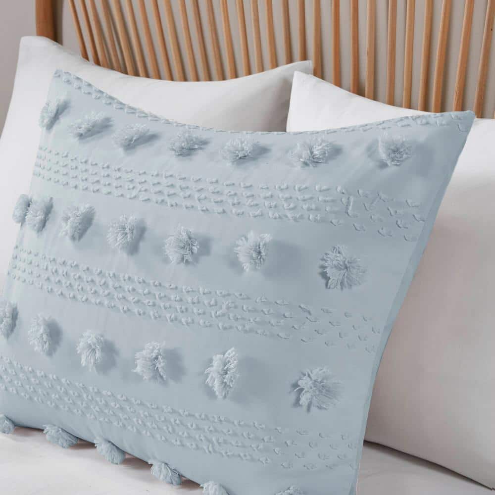 Blue Clip Jacquard Twin/Twin XL Duvet Cover Set with Pompom Accents