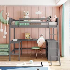 Gray Full Size Wooden Loft Bed Frame with Bookshelves and L-shaped Desk, Full Kids Wood Loft Bed with Inclined Ladder