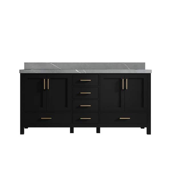 Willow Collections Malibu 72 in. W x 22 in. D x 36 in. H Double Sink Bath Vanity in Black with 2 in. Piatra Gray Qt. Top