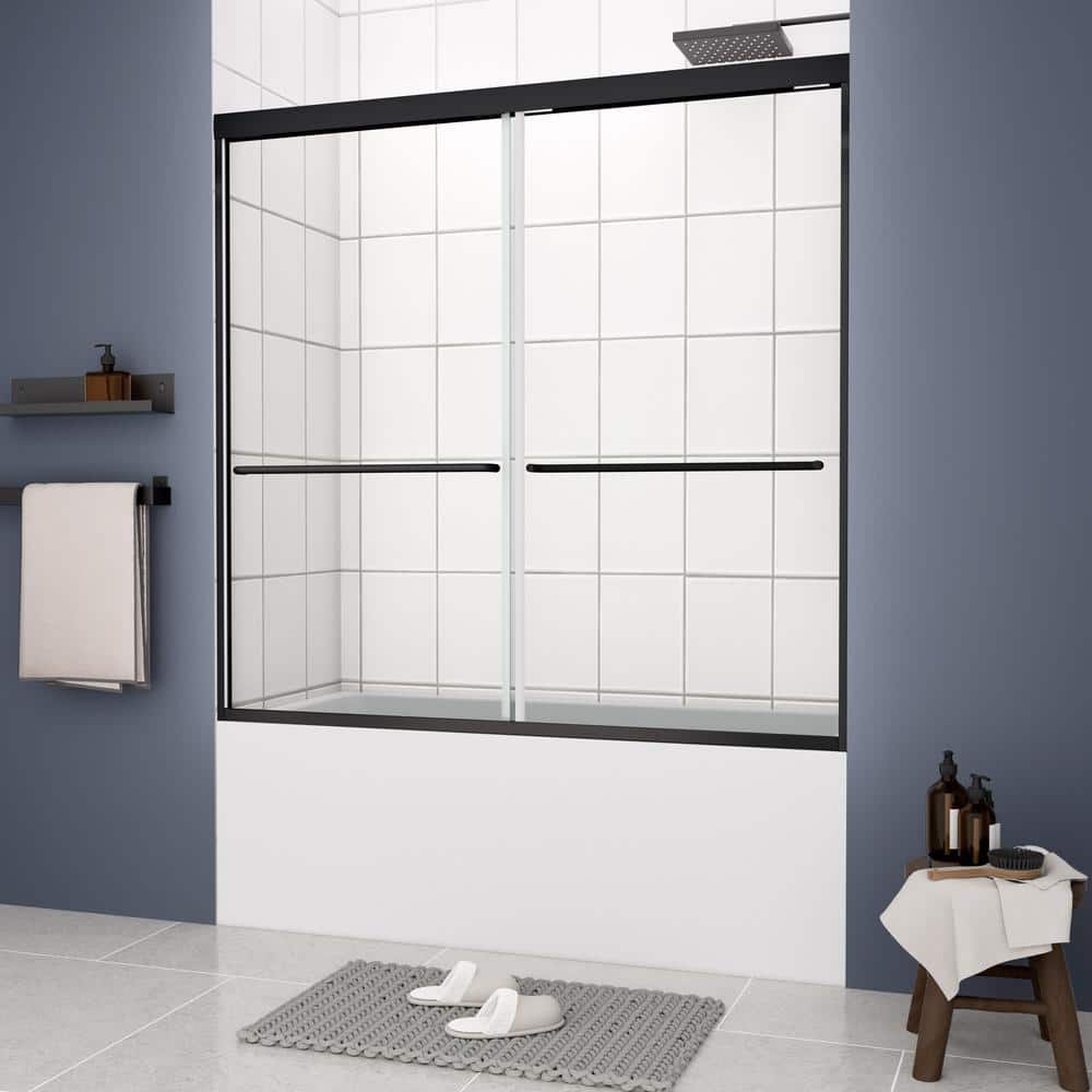Matte Black Framed Double Sliding Bathtub Shower Door with Clear Glass