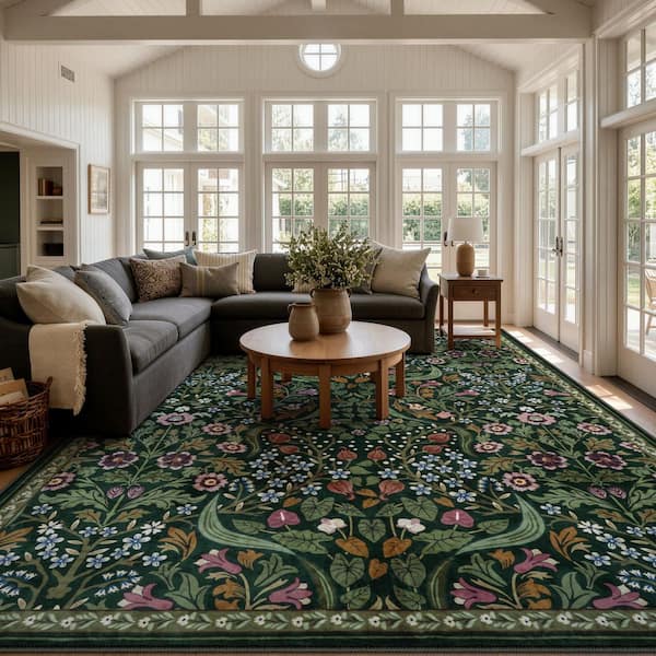 Multi-Colored Floral Plant Washable Green 10 ft. x 14 ft. Area Rug
